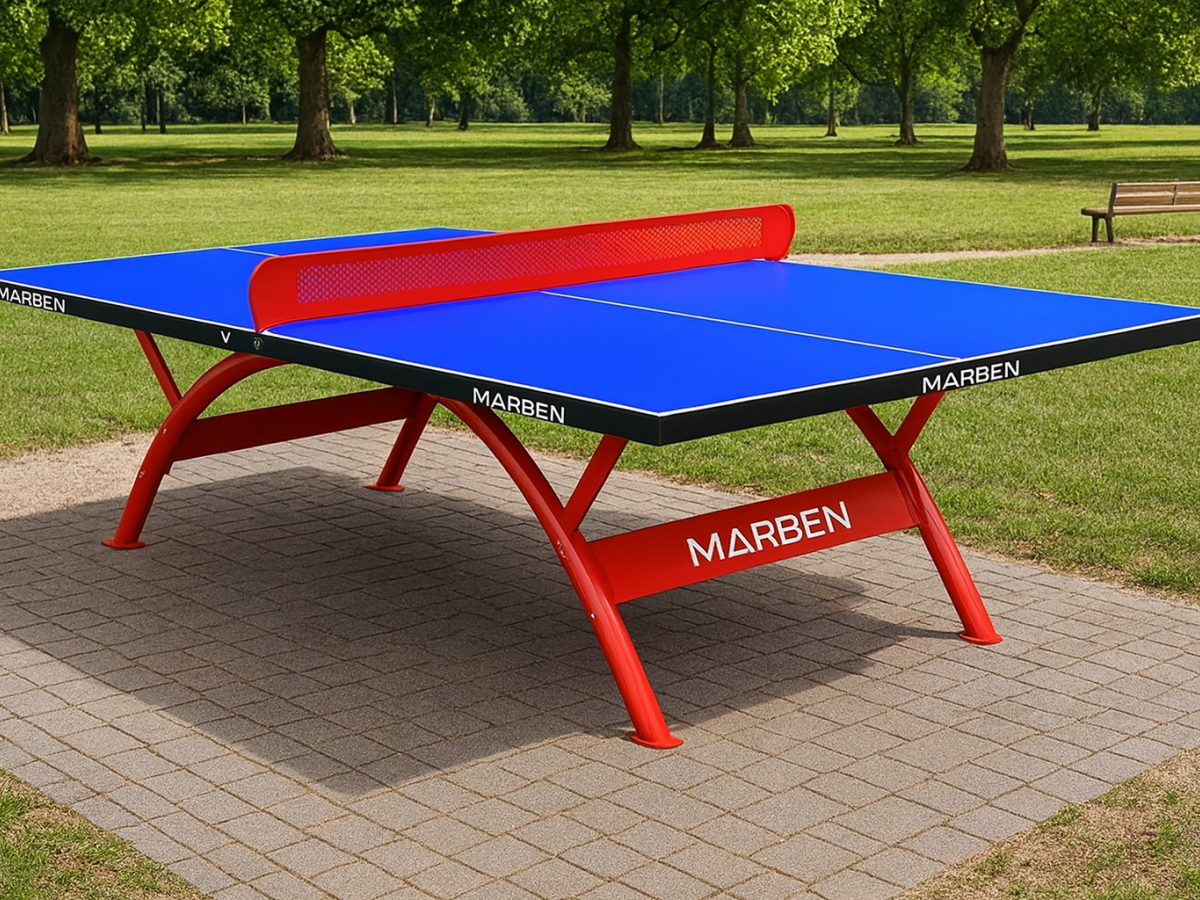 Mesa de PingPong PARK Outdoor - Base roja cubierta azul